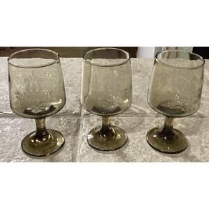 3 ~ Vintage Pfaltzgraff Village Wine Glass Goblets Etched Brown Stemware ~ 6”